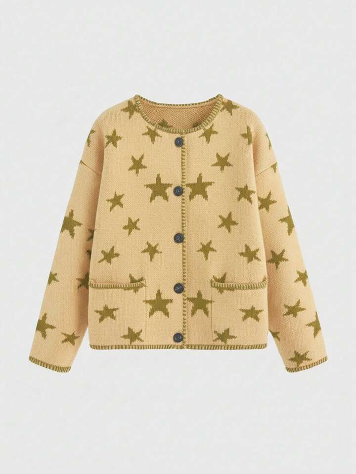 Plus Size Women Hippie Star Pattern Dropped Shoulder Long Sleeve Single-Breasted Knit Cardigan