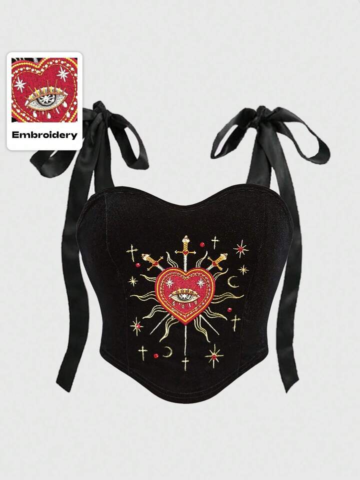 Plus Size Women Gothic Lolita Style Heart Embroidery Rhinestone Crystal Teardrop Star Decor Square Neck Lace-Up Camisole Crop Top, For Valentine's Day