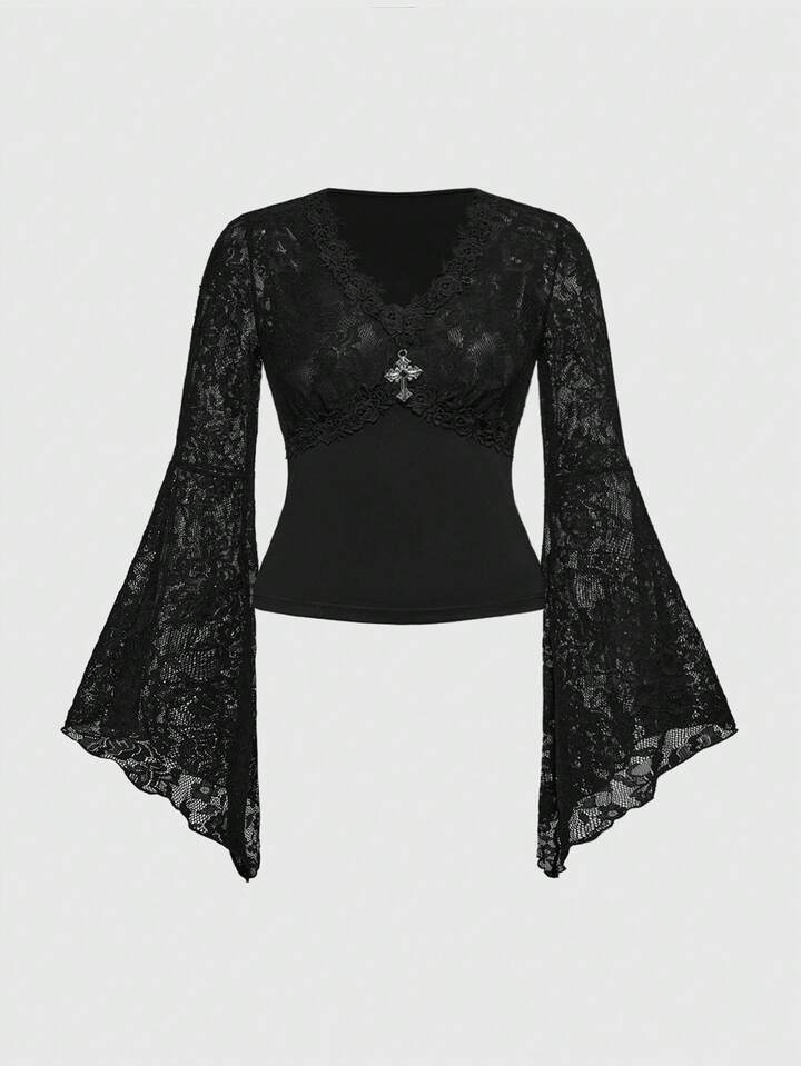 Plus Size Sexy Gothic Contrast Lace V-Neck Flare Sleeve Blouse, Halloween