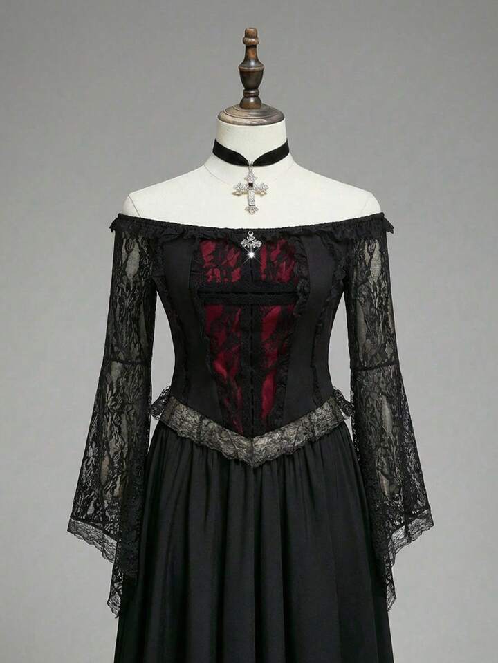 Plus Size Gothic Palace Cross Pattern Flare Sleeve Lace Patchwork Women Shirt