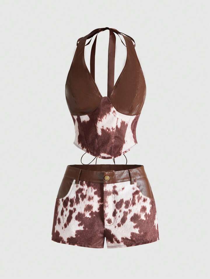 Hippie Vintage Western Animal Print Patchwork PU Halter Top & Low Waist Mini Shorts 2 Pieces Set For Women
