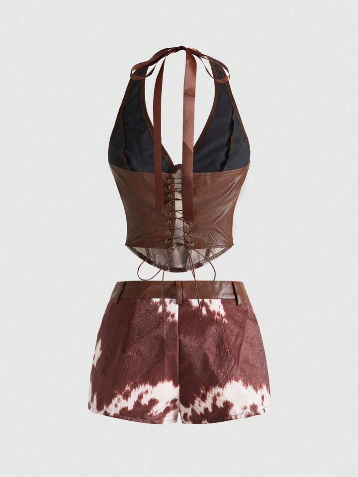 Hippie Vintage Western Animal Print Patchwork PU Halter Top & Low Waist Mini Shorts 2 Pieces Set For Women