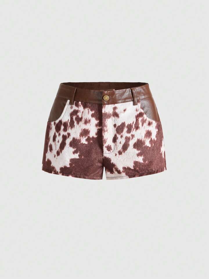 Hippie Vintage Western Animal Print Patchwork PU Halter Top & Low Waist Mini Shorts 2 Pieces Set For Women