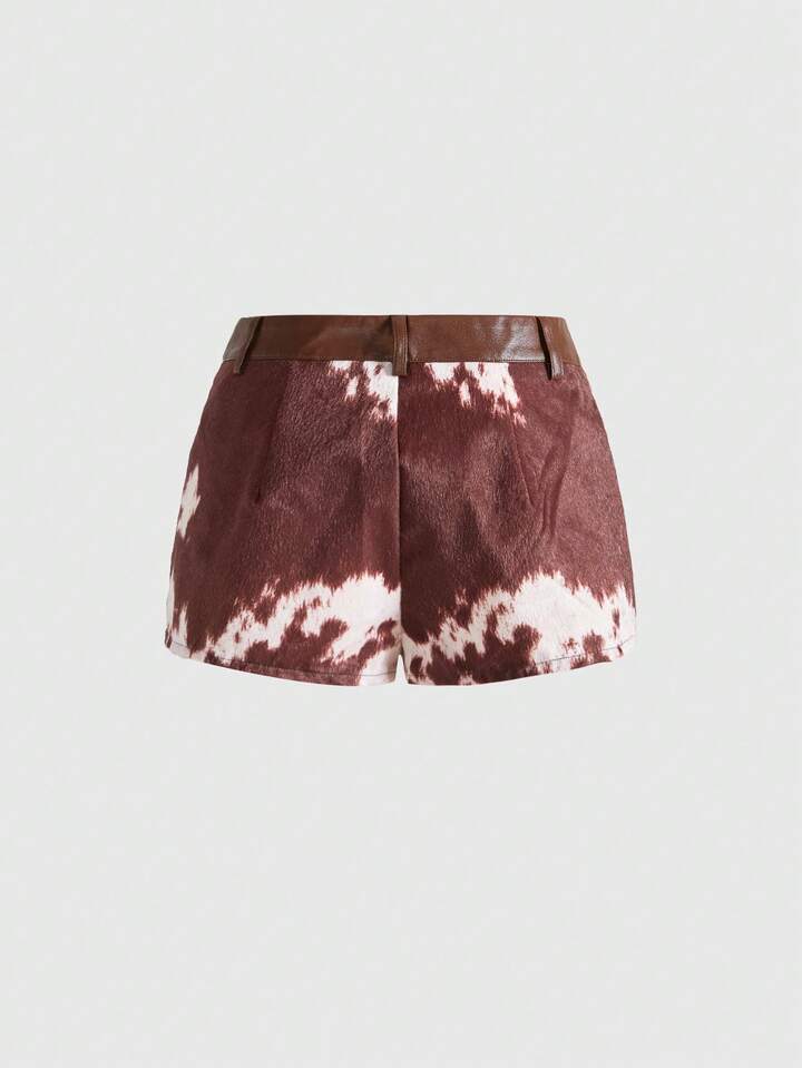 Hippie Vintage Western Animal Print Patchwork PU Halter Top & Low Waist Mini Shorts 2 Pieces Set For Women
