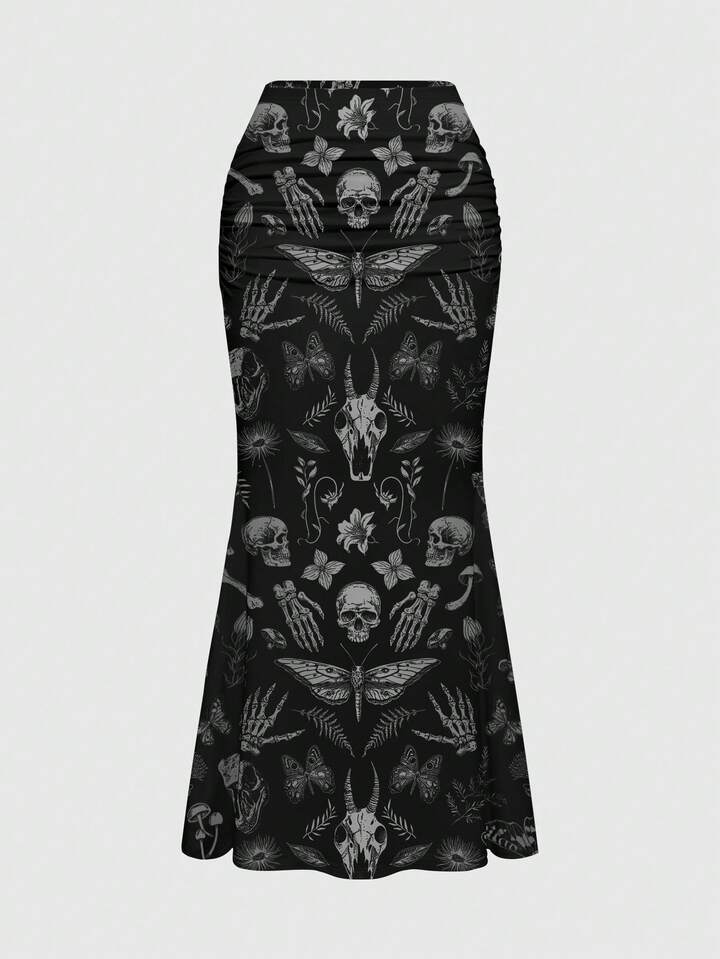 Gothic Dark Mysterious Forest Style Plant Floral Skull Moth Butterfly Mushroom Sun Moon Star Leaf All-Over Print Ruched Bodycon Mermaid Hem Skirt For Women