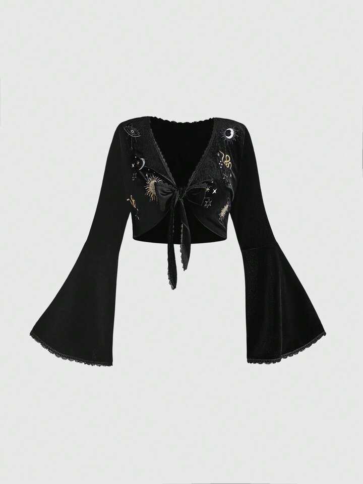 Hippie Plus Size Women Witch Moon & Star Embroidered Velvet Flare Sleeve Top