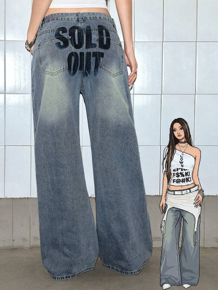 Grunge Punk Women's Casual Printed Denim Jeans