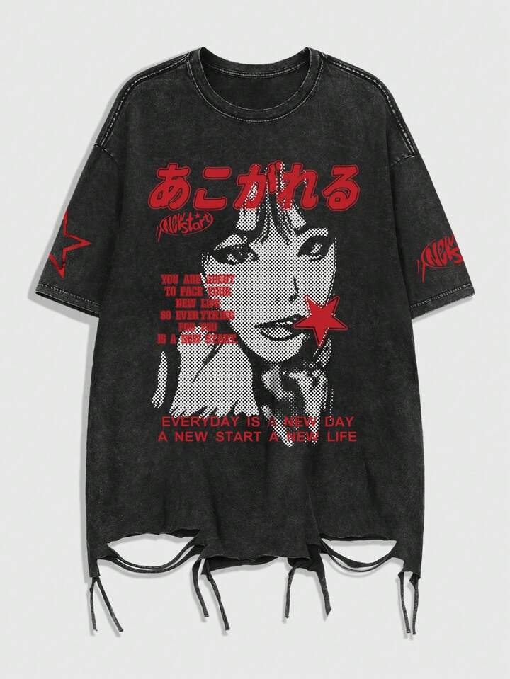 Men's Casual Round Neck Short Sleeve Anime T-Shirt With Distressed Acid-Washed Slogan Print