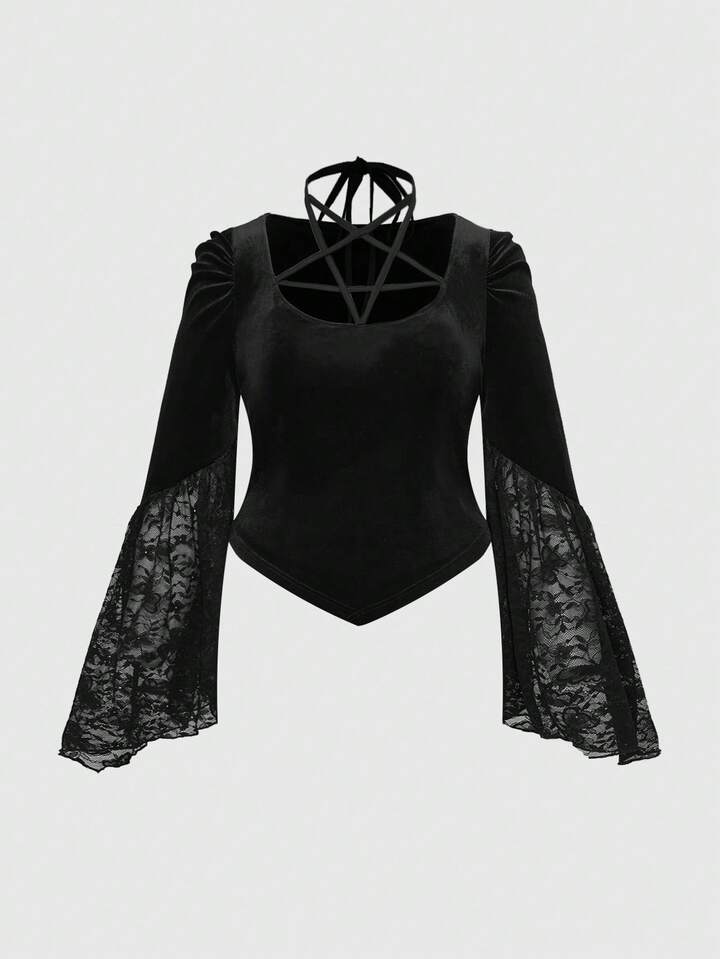 EDITION Christmas Plus Size Gothic Pentagram Velvet Flare Sleeve Top