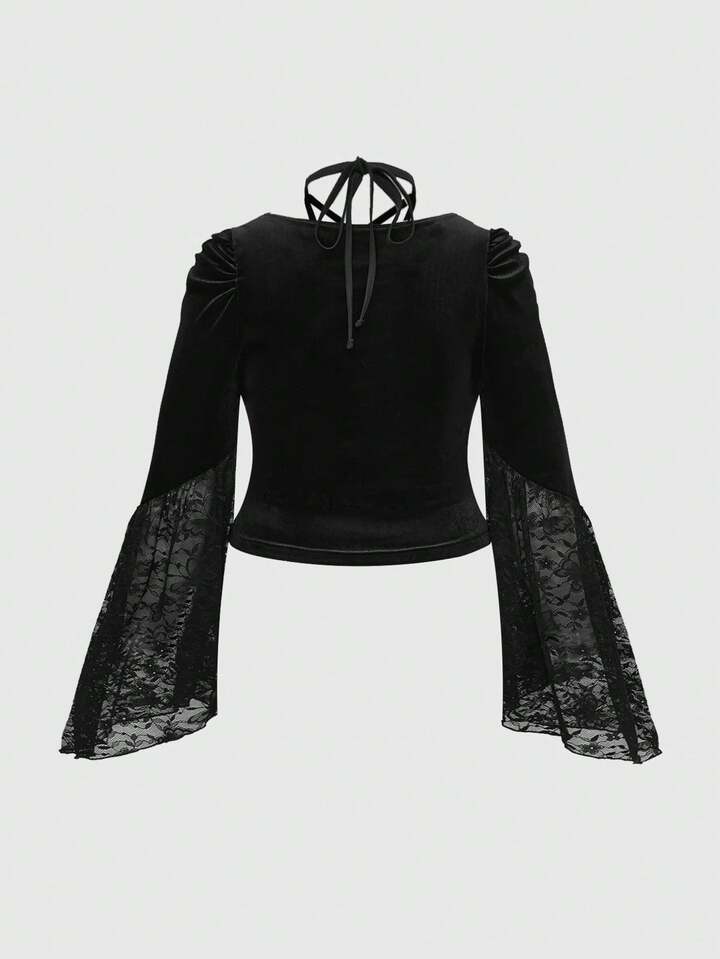 EDITION Christmas Plus Size Gothic Pentagram Velvet Flare Sleeve Top