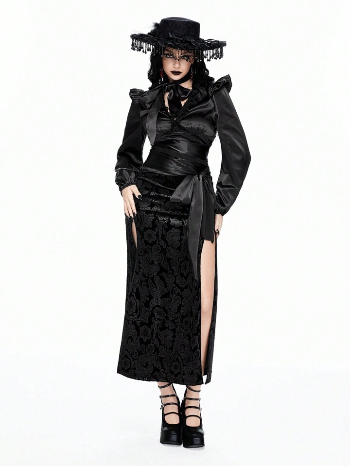 Gothic Lady Sexy V-Neck Puff Sleeve Tie Bow Reflective Satin Solid Black Cinched Waist Blouse For Women