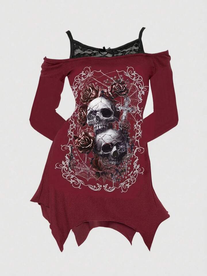 Plus Size Gothic Girl Mysterious Skull Rose Print Asymmetrical Hem Off Shoulder Lace Camisole Black Long Sleeve T-Shirt