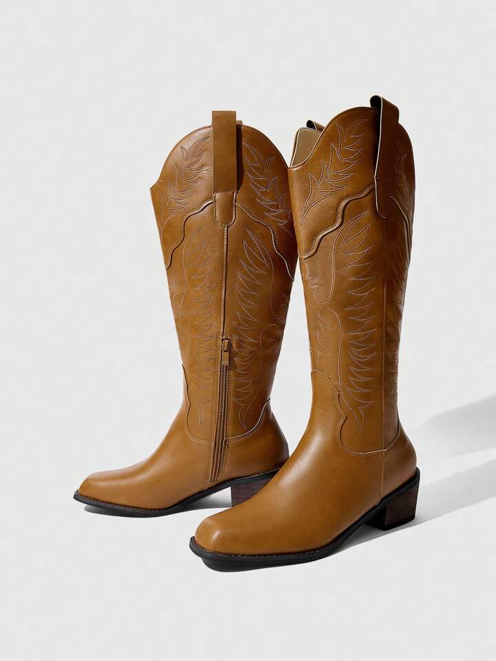 Fairycore Women's Brown Pointed Toe Embroidered Western Cowgirl Boots, Sexy V-Cut High Shaft Thick Heel Mid-Calf Boots