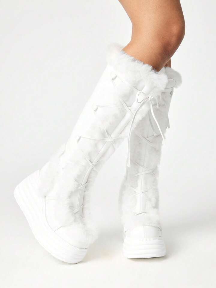 Women's Round Toe Punk Lace-Up Side Zipper Platform Thick Sole Boots With Fur Lining, Outdoor Fashion Over-The-Knee Boots, Autumn/Winter New Arrival For Christmas
