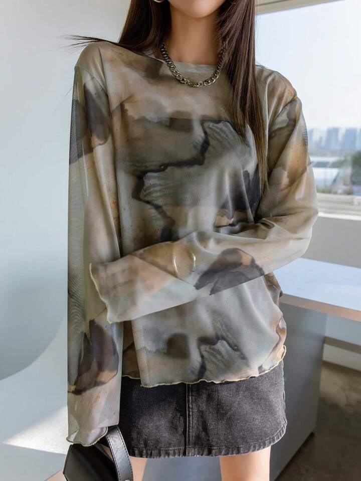 Tie Dye Drop Shoulder Mesh Top Without Bandeau Sheer Long Sleeve Women Tops