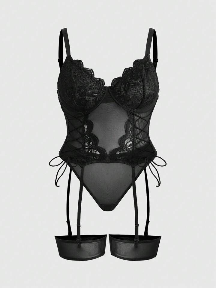 Goth 4pcs Plus Size Lace Patchwork Mesh Drawstring Design Underwire Sexy Lingerie Set