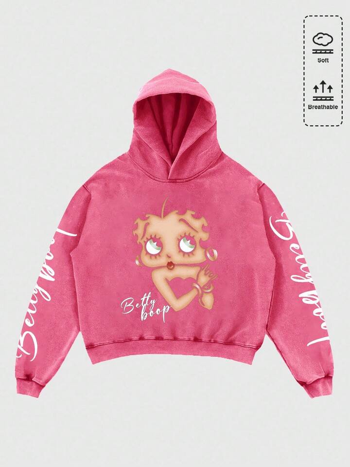 Betty Boop | ROMWE Men's Fall Figure Graphic Washed Loose Fit Hoodie, Long Sleeve Top