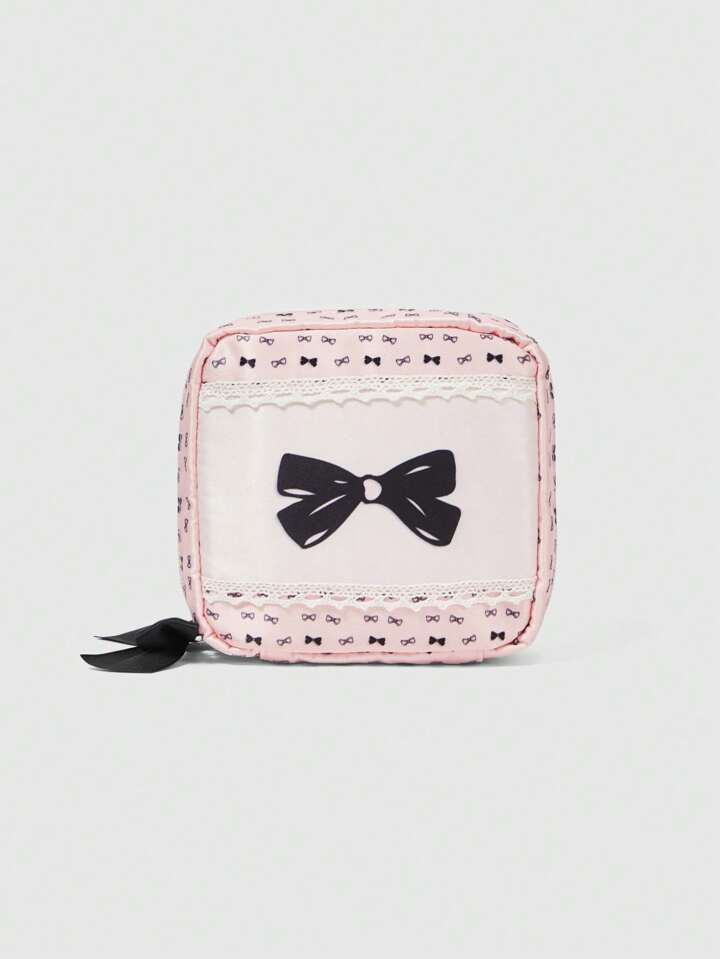 Kawaii Cute Girly Pink Bow Decor Padded Large Capacity Portable Cosmetic Bag, Small Square Pouch 497276