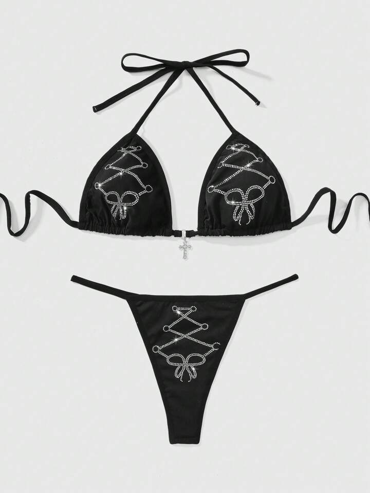 Gothic Goth Style Bow Cross Rhinestone Halter Bra And Thong Lingerie Set With Bandage