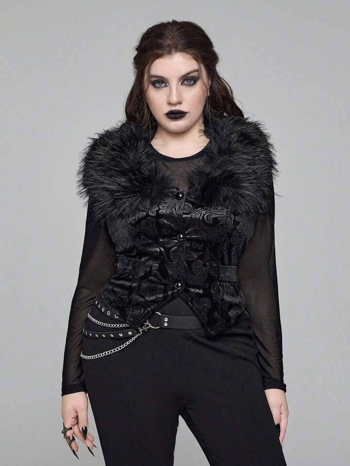 EDITION Plus Size Goth Mysterious Velvet Print Detachable Faux Fur Collar Vest 10 EDITION Plus Size Goth Mysterious Velvet Print Detachable Faux Fur Collar Vest