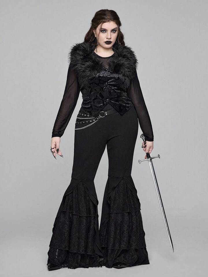 EDITION Plus Size Goth Mysterious Velvet Print Detachable Faux Fur Collar Vest 11 EDITION Plus Size Goth Mysterious Velvet Print Detachable Faux Fur Collar Vest