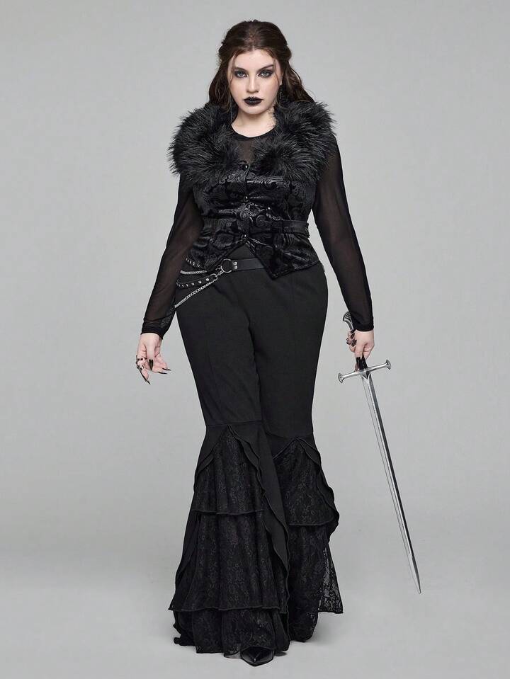 EDITION Plus Size Goth Mysterious Velvet Print Detachable Faux Fur Collar Vest 12 EDITION Plus Size Goth Mysterious Velvet Print Detachable Faux Fur Collar Vest