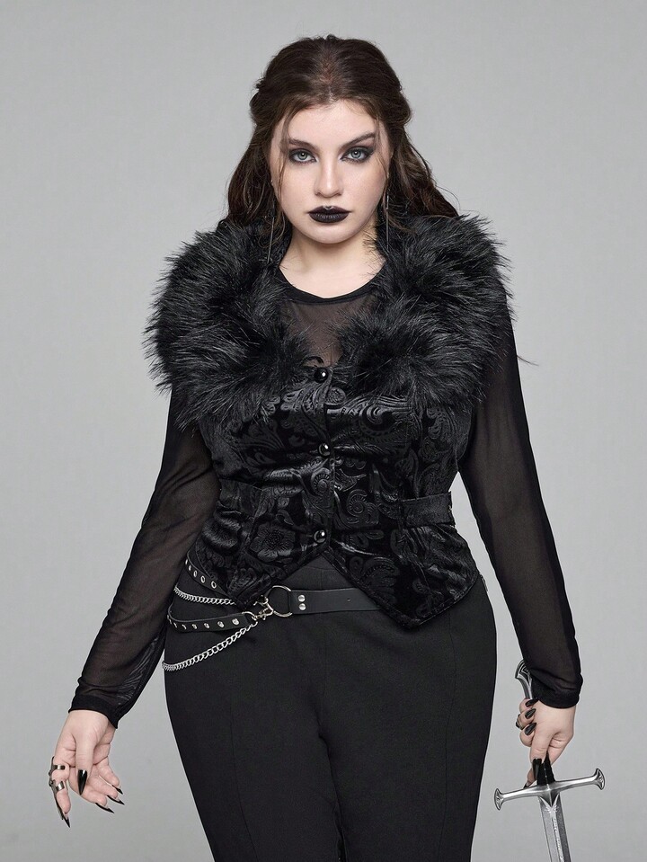 EDITION Plus Size Goth Mysterious Velvet Print Detachable Faux Fur Collar Vest 13 EDITION Plus Size Goth Mysterious Velvet Print Detachable Faux Fur Collar Vest