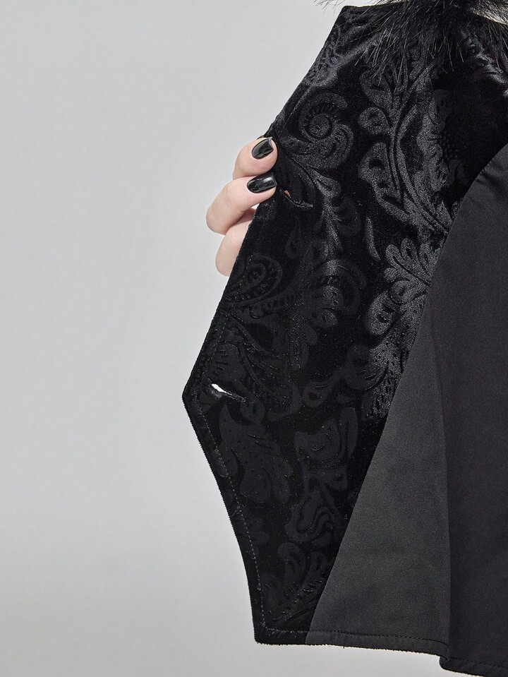 EDITION Plus Size Goth Mysterious Velvet Print Detachable Faux Fur Collar Vest 14 EDITION Plus Size Goth Mysterious Velvet Print Detachable Faux Fur Collar Vest