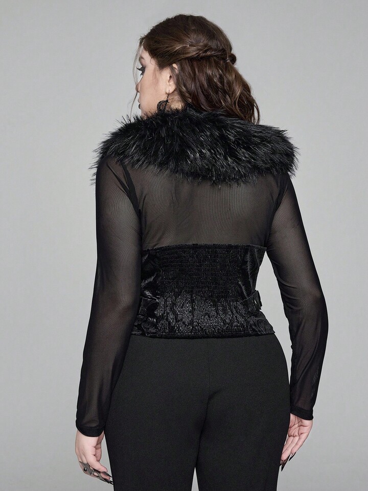 EDITION Plus Size Goth Mysterious Velvet Print Detachable Faux Fur Collar Vest 2 EDITION Plus Size Goth Mysterious Velvet Print Detachable Faux Fur Collar Vest