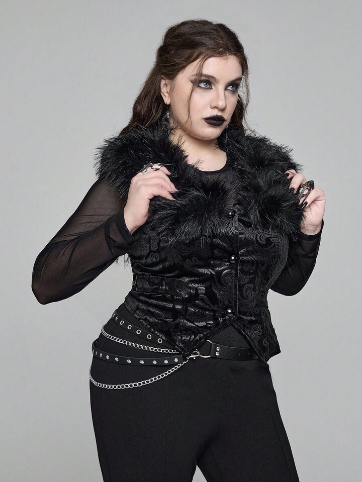 EDITION Plus Size Goth Mysterious Velvet Print Detachable Faux Fur Collar Vest 3 EDITION Plus Size Goth Mysterious Velvet Print Detachable Faux Fur Collar Vest