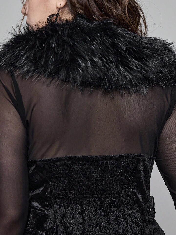 EDITION Plus Size Goth Mysterious Velvet Print Detachable Faux Fur Collar Vest 4 EDITION Plus Size Goth Mysterious Velvet Print Detachable Faux Fur Collar Vest