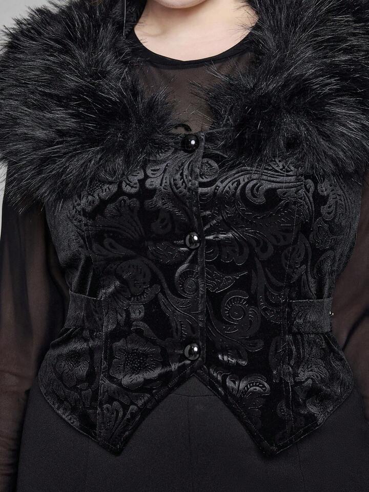 EDITION Plus Size Goth Mysterious Velvet Print Detachable Faux Fur Collar Vest 6 EDITION Plus Size Goth Mysterious Velvet Print Detachable Faux Fur Collar Vest