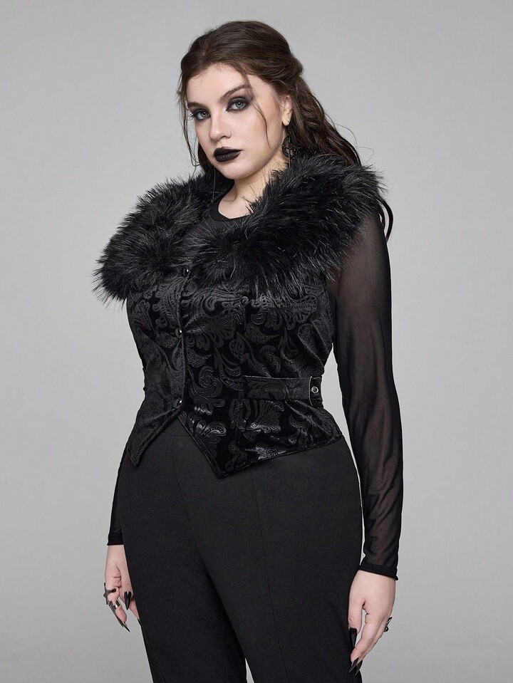 EDITION Plus Size Goth Mysterious Velvet Print Detachable Faux Fur Collar Vest 8 EDITION Plus Size Goth Mysterious Velvet Print Detachable Faux Fur Collar Vest