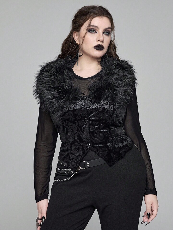 EDITION Plus Size Goth Mysterious Velvet Print Detachable Faux Fur Collar Vest 9 EDITION Plus Size Goth Mysterious Velvet Print Detachable Faux Fur Collar Vest