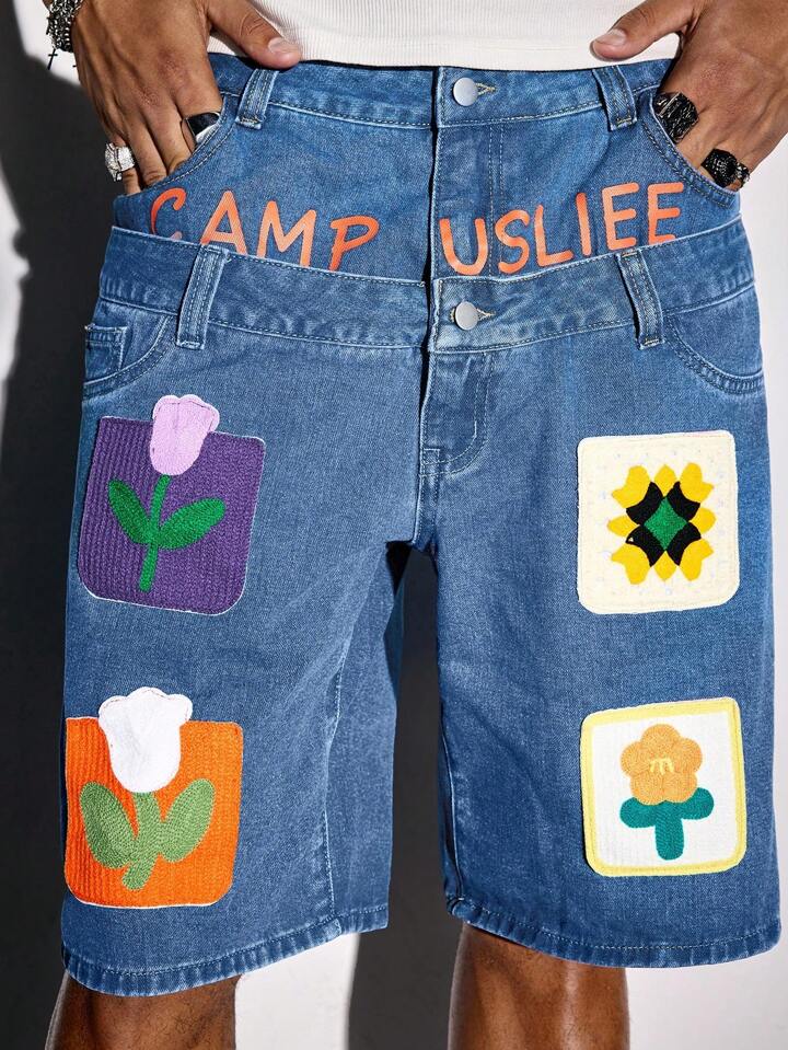 Casual Men's Crocheted Floral Denim Shorts With Double Waistband