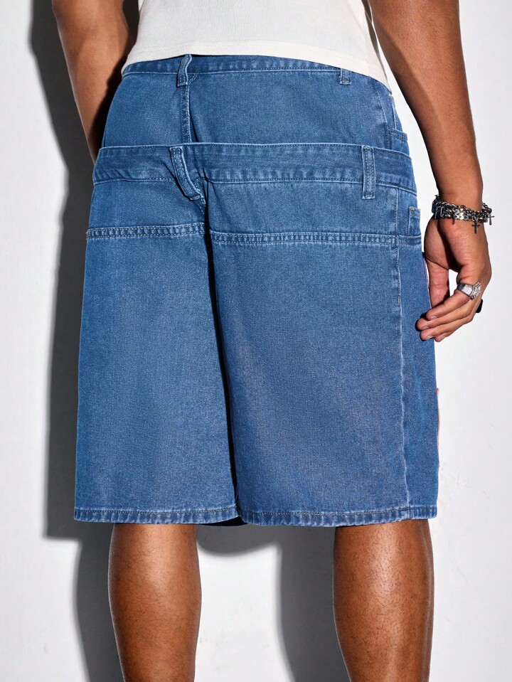 Casual Men's Crocheted Floral Denim Shorts With Double Waistband