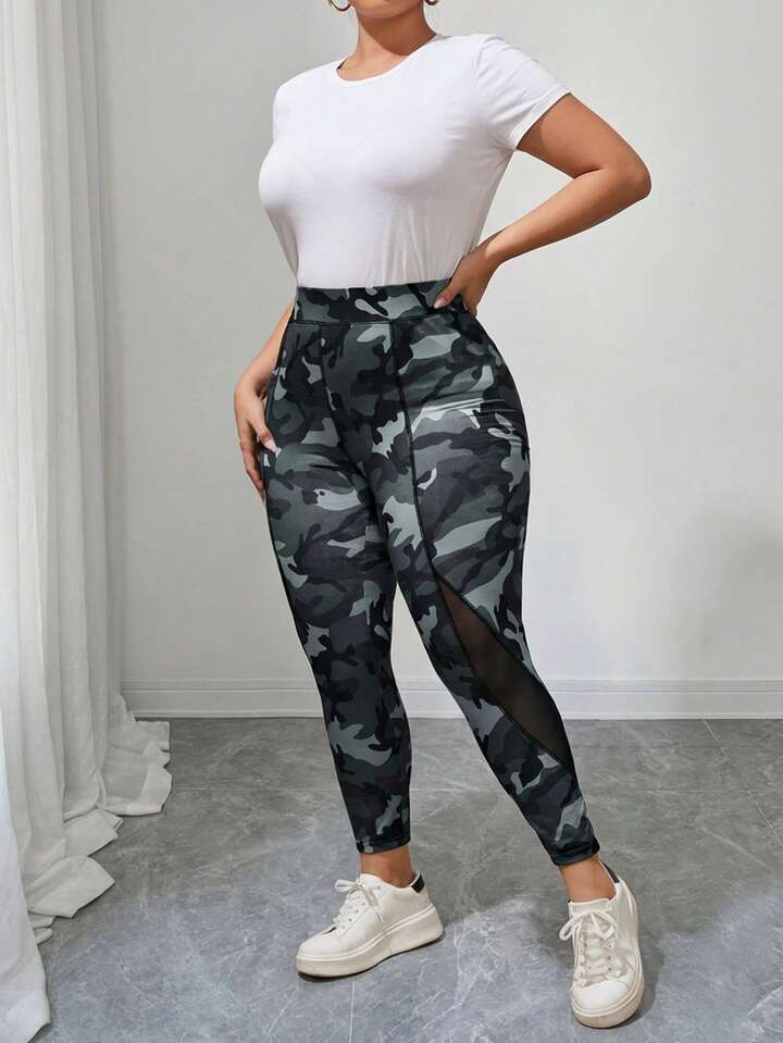 Plus High Waist Camo Mesh Insert Leggings