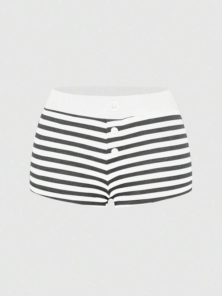 Fairycore Plus Size American Style Black & Gray Striped BM 3-Button Triangle Shorts