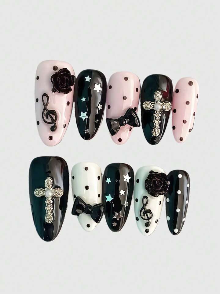 Anime 10pcs Y2K Retro Star, Polka Dot, Striped, Pop Art, Grunge, Music Note Decorative False Nails, Handmade, Suitable For College, Music Festivals, Dates, Etc.
