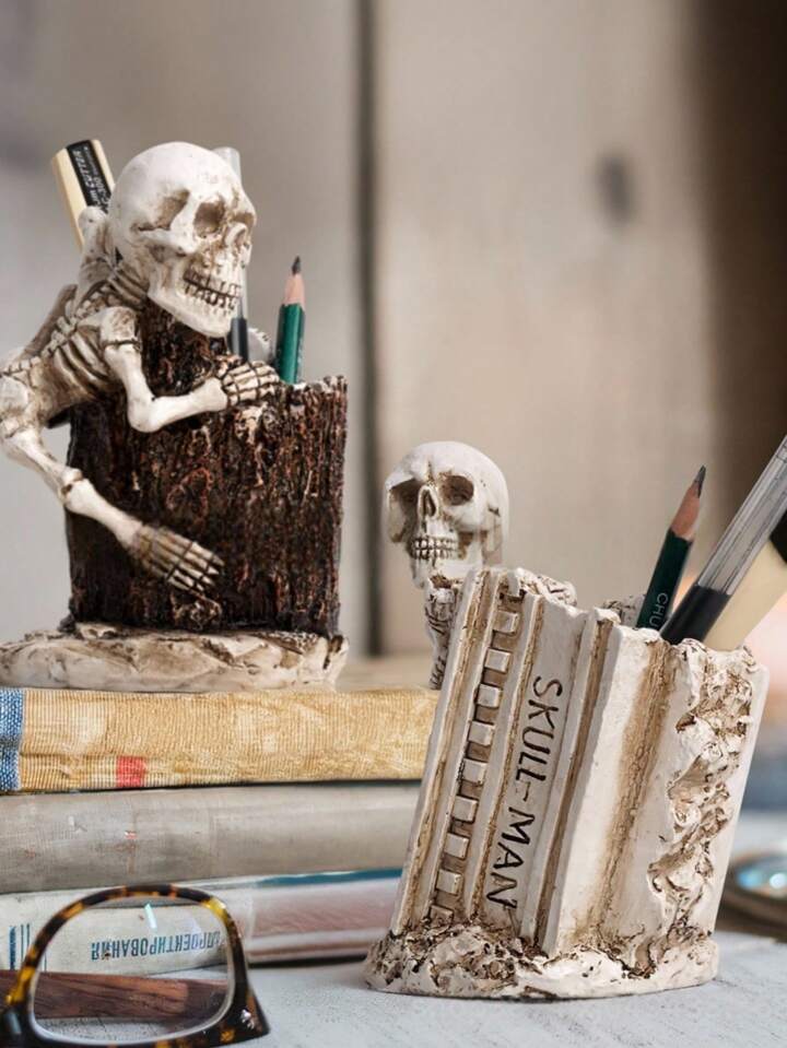1pc Gothic Skull Pen Holder - Dark Aesthetic Resin Desk Organizer For Office, Study, Makeup Brushes | Creepy Decor, Unique Gift,Desktop, Office Decoration, Halloween