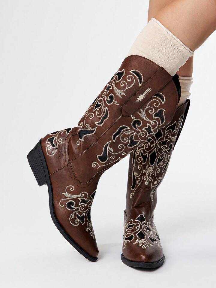 2025 Spring/Autumn Fashion Pointed Toe Embroidered New PU Brown Western Boots, Slim Fit Tall Boots, Chunky Heel Riding Boots For Women