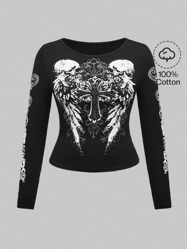 Goth Plus Size Kpop Distressed Cross Wing Skull Symmetry Design T-Shirt
