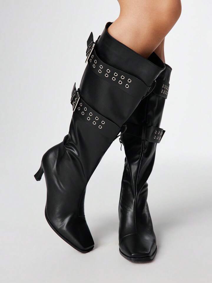 Grunge Punk Women's Double-Breasted Decor Stiletto Heel Square Toe Over-The-Knee Boots For Christmas