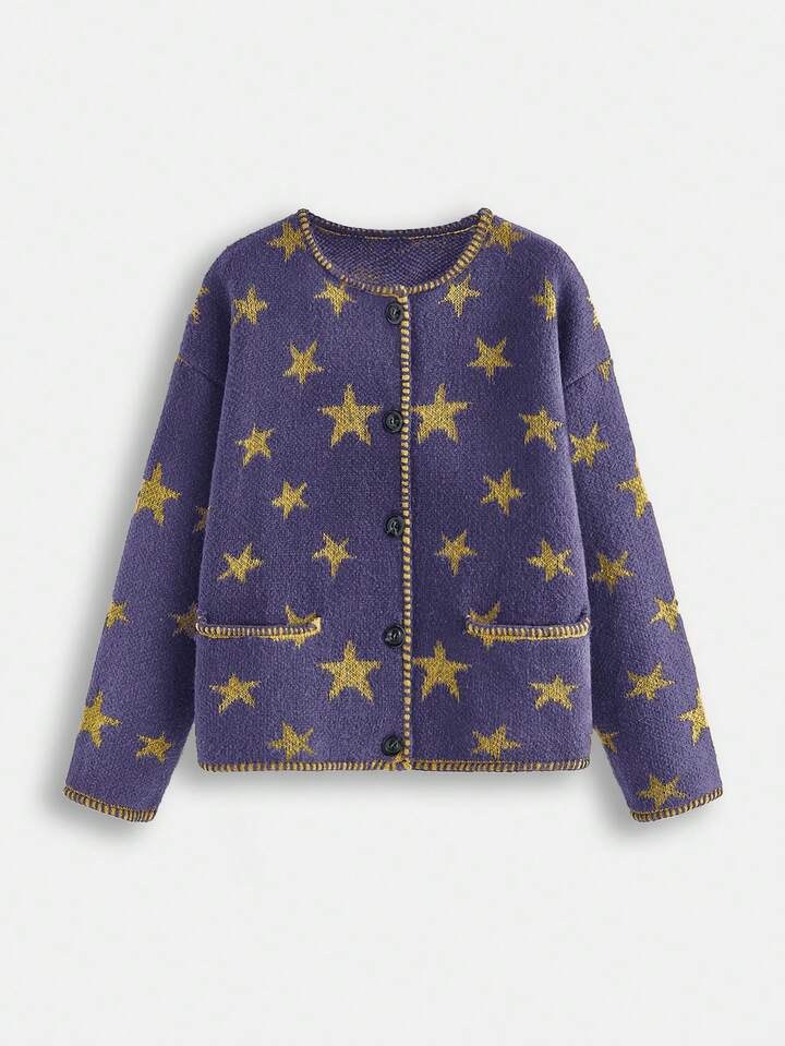 Hippie Women's Casual Pentagram Pattern Drop Shoulder Long Sleeve Knit Cardigan, Autumn/Winter