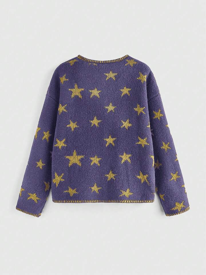 Hippie Women's Casual Pentagram Pattern Drop Shoulder Long Sleeve Knit Cardigan, Autumn/Winter 2 Hippie Women's Casual Pentagram Pattern Drop Shoulder Long Sleeve Knit Cardigan, Autumn/Winter