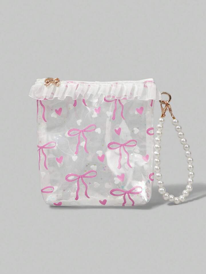 Kawaii Pattern: 919979 Bowknot & Heart Printed Transparent PVC Lace Wristlet Makeup Bag Coin Purse Earphone Lipstick Portable Organizer, Gift
