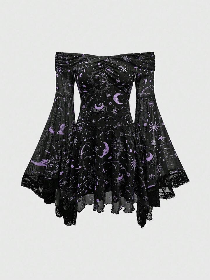 Gothic Retro Mysterious Star & Moon Print Off Shoulder Flare Sleeve Mesh Dress, Halloween