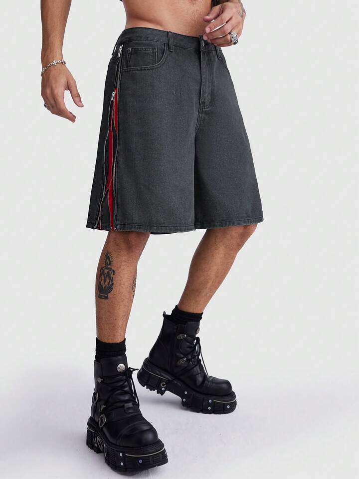 Grunge Punk Men's Loose Fit Casual Denim Bermuda Shorts With Pockets, School