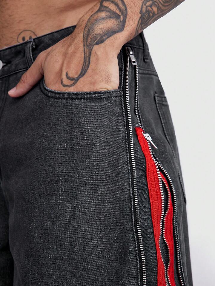Grunge Punk Men's Loose Fit Casual Denim Bermuda Shorts With Pockets, School 2 Grunge Punk Men's Loose Fit Casual Denim Bermuda Shorts With Pockets, School