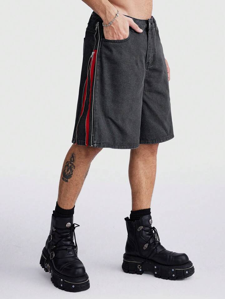Grunge Punk Men's Loose Fit Casual Denim Bermuda Shorts With Pockets, School 6 Grunge Punk Men's Loose Fit Casual Denim Bermuda Shorts With Pockets, School
